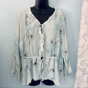 Separates Blue Floral Overlay Ruffled Boho Drawstring Blouse Size 1X